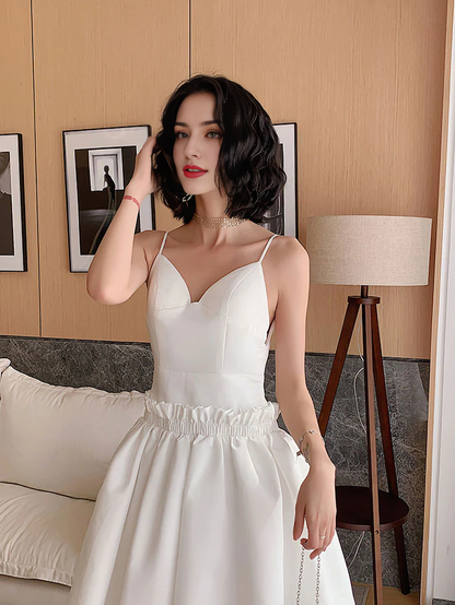 Satin Spaghetti Straps Open Back Short Prom Dress