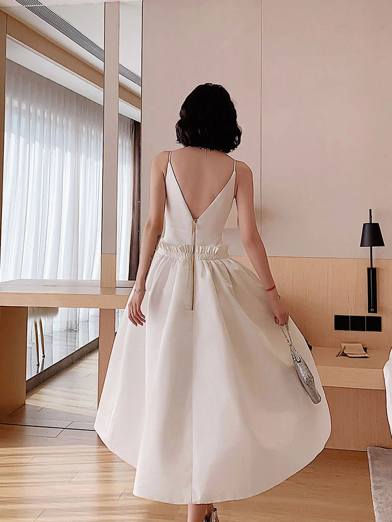 Satin Spaghetti Straps Open Back Short Prom Dress