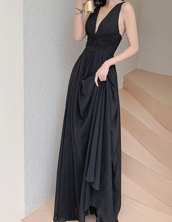 Simple Deep V Neck Chiffon Long Prom Dress