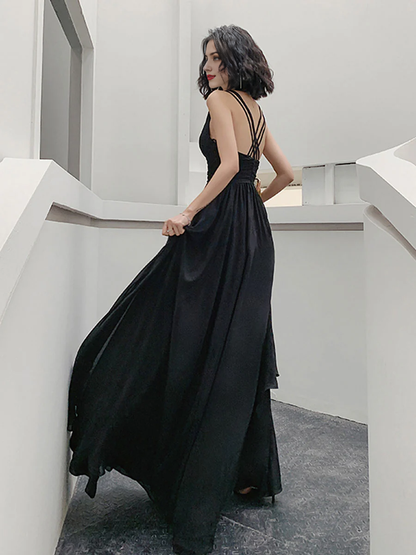Simple Deep V Neck Chiffon Long Prom Dress