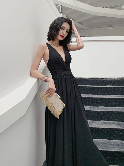 Simple Deep V Neck Chiffon Long Prom Dress