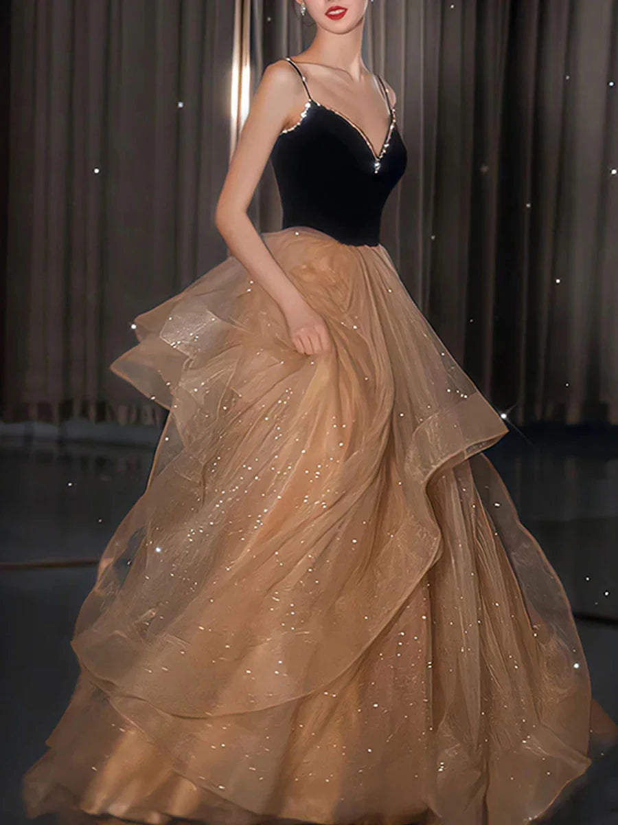 Backless Tulle Spaghetti Straps A-line Multi Layer Prom Dress ﻿