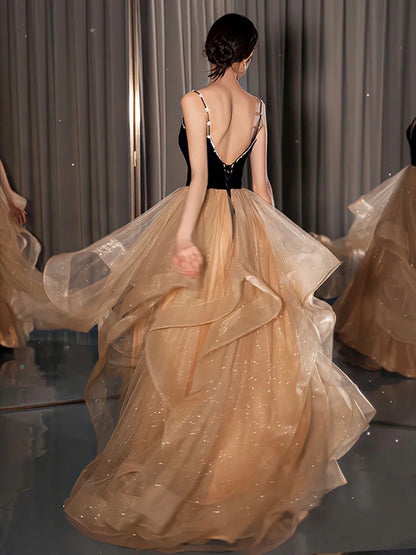 Backless Tulle Spaghetti Straps A-line Multi Layer Prom Dress ﻿