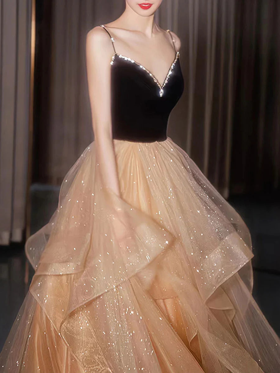 Backless Tulle Spaghetti Straps A-line Multi Layer Prom Dress ﻿