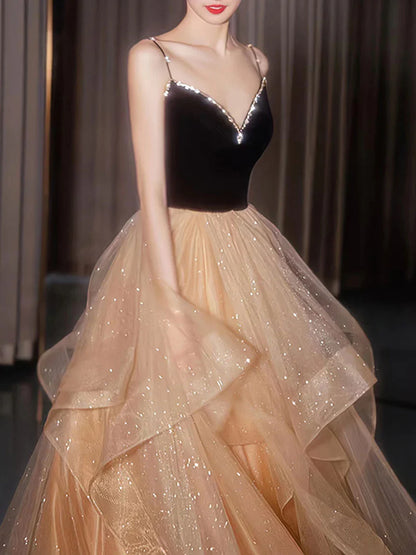 Backless Tulle Spaghetti Straps A-line Multi Layer Prom Dress ﻿