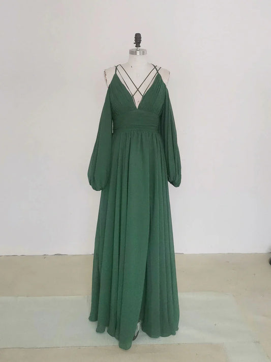 Simple Spaghetti Straps A-line Long Sleeves Prom Dress