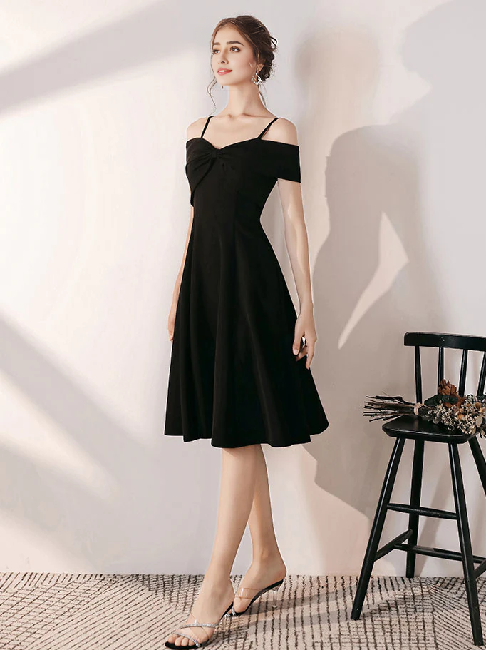 Simple Spaghetti Straps Off Shoulder Tea Length Prom Dress