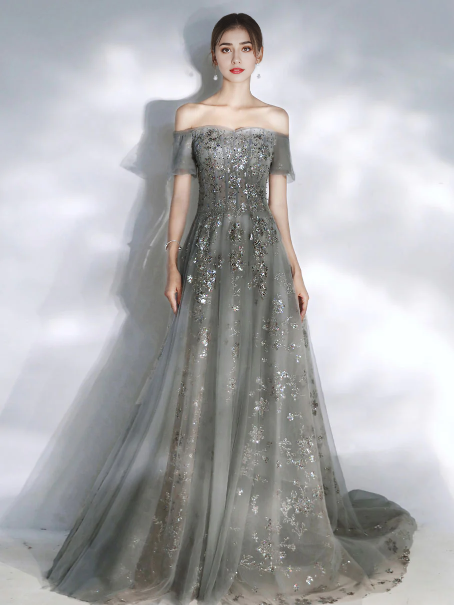 Tulle Sequin Lace Off-the-Shoulder Prom Dress