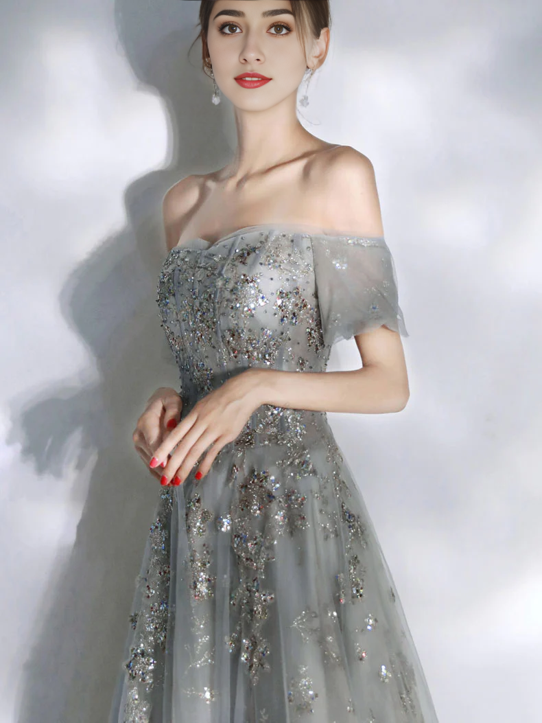 Tulle Sequin Lace Off-the-Shoulder Prom Dress