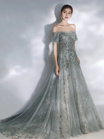 Tulle Sequin Lace Off-the-Shoulder Prom Dress