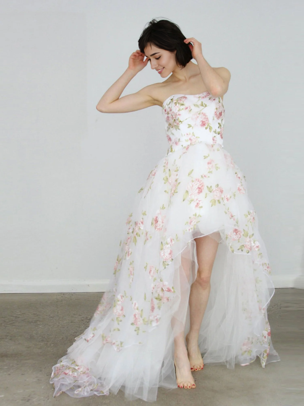 Tulle High Low Strapless Prom Dress With Train