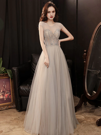 Round Neck Tulle Beads Backless Floor Length Prom Dress