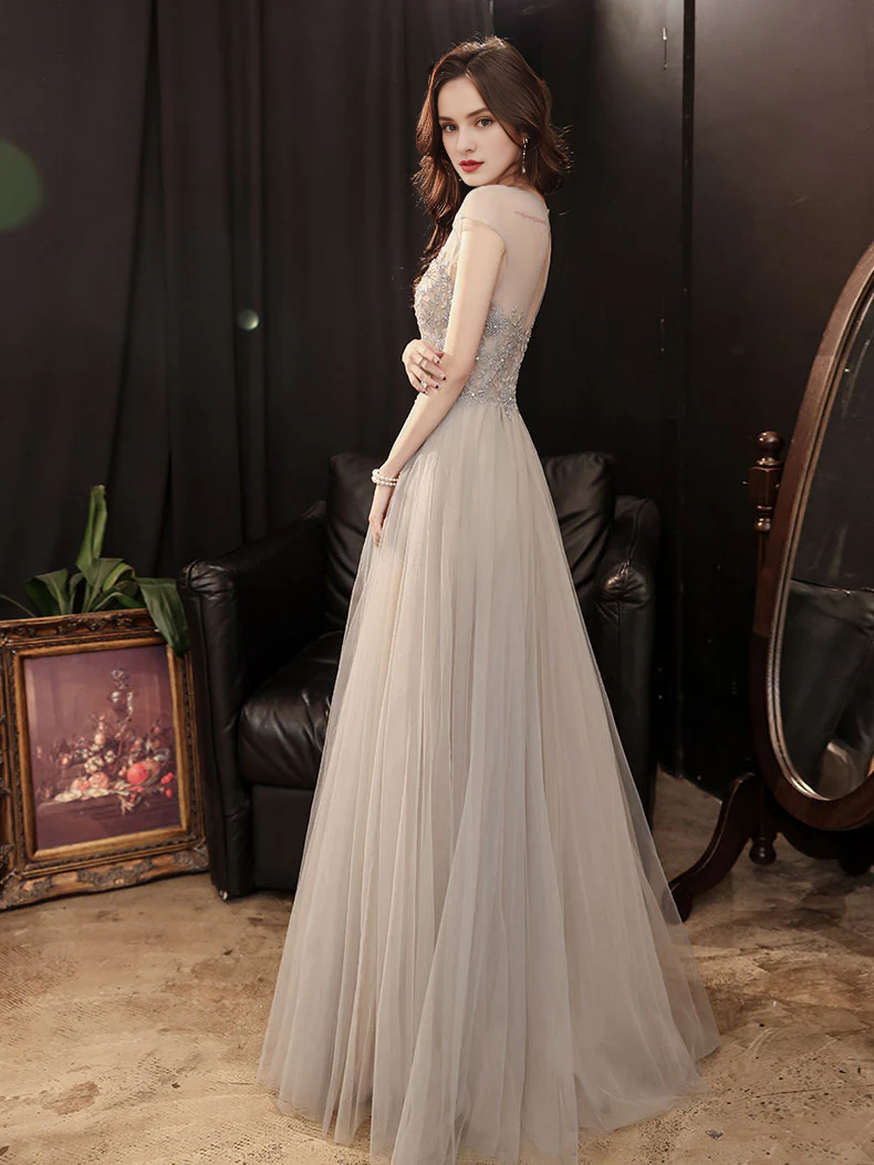 Round Neck Tulle Beads Backless Floor Length Prom Dress