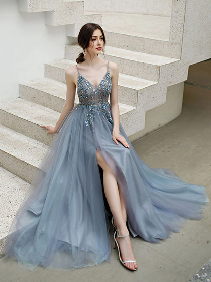 Deep V Open Back Spaghetti Straps Tulle Beads Prom Dress