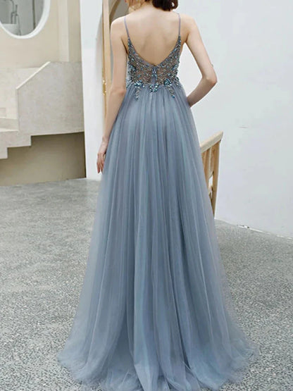 Deep V Open Back Spaghetti Straps Tulle Beads Prom Dress