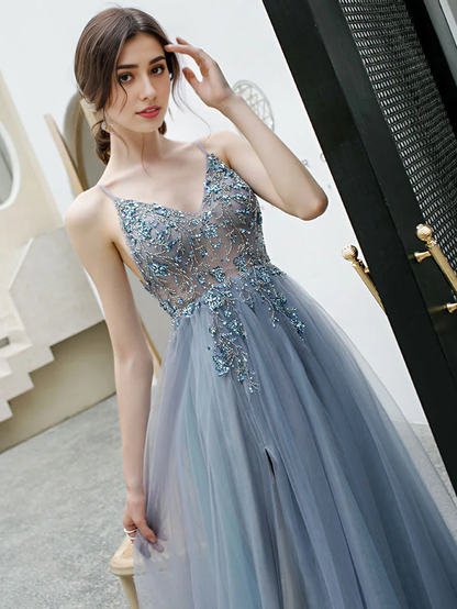 Deep V Open Back Spaghetti Straps Tulle Beads Prom Dress