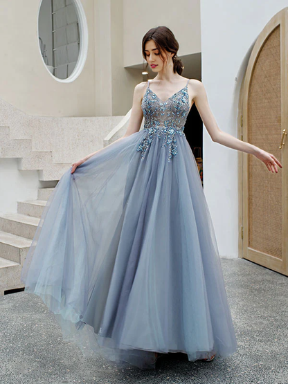 Deep V Open Back Spaghetti Straps Tulle Beads Prom Dress