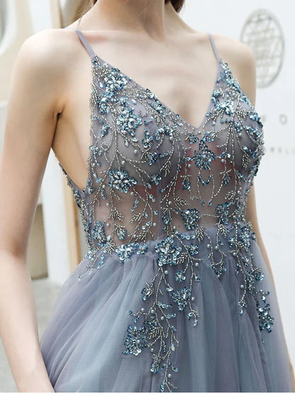 Deep V Open Back Spaghetti Straps Tulle Beads Prom Dress