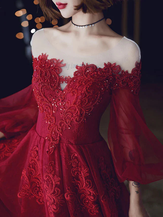 A-line Tulle Lace Off-the-Shoulder Prom Dress With Applique
