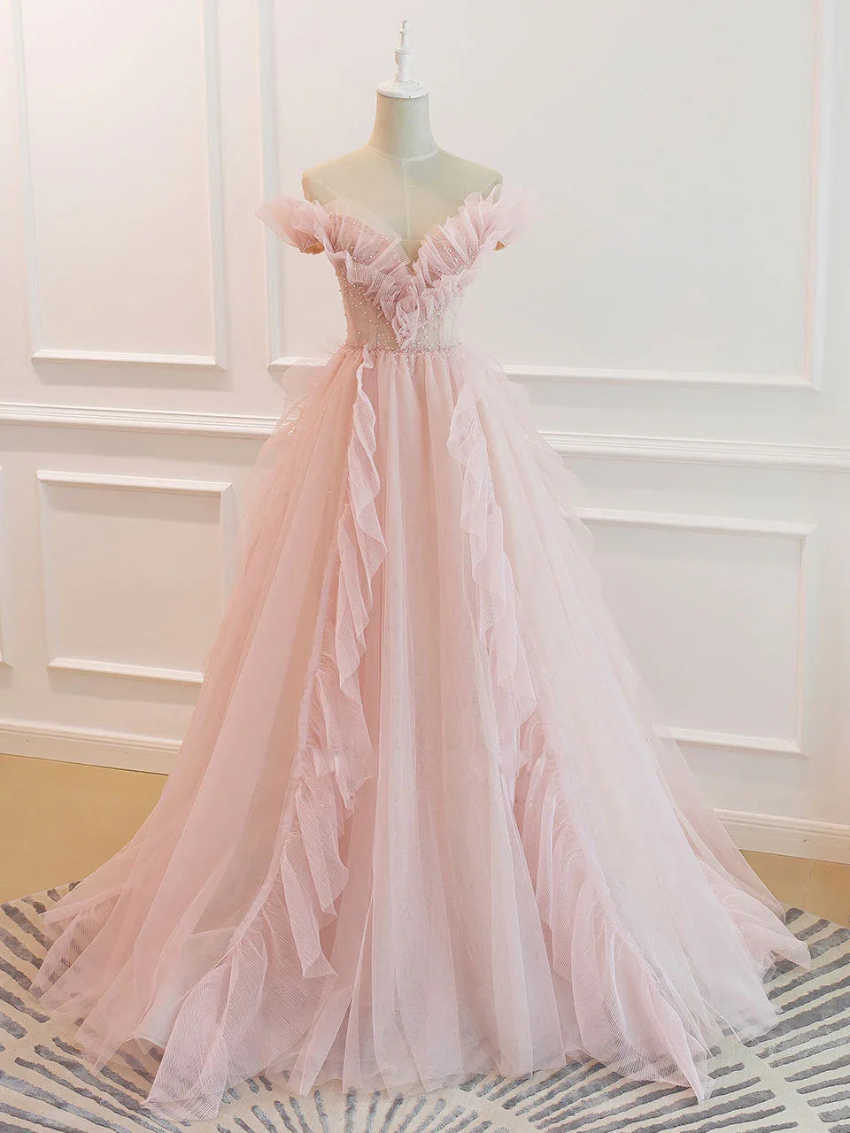 Off Shoulder Tulle Ruffle Floor Length Prom Dress With Train