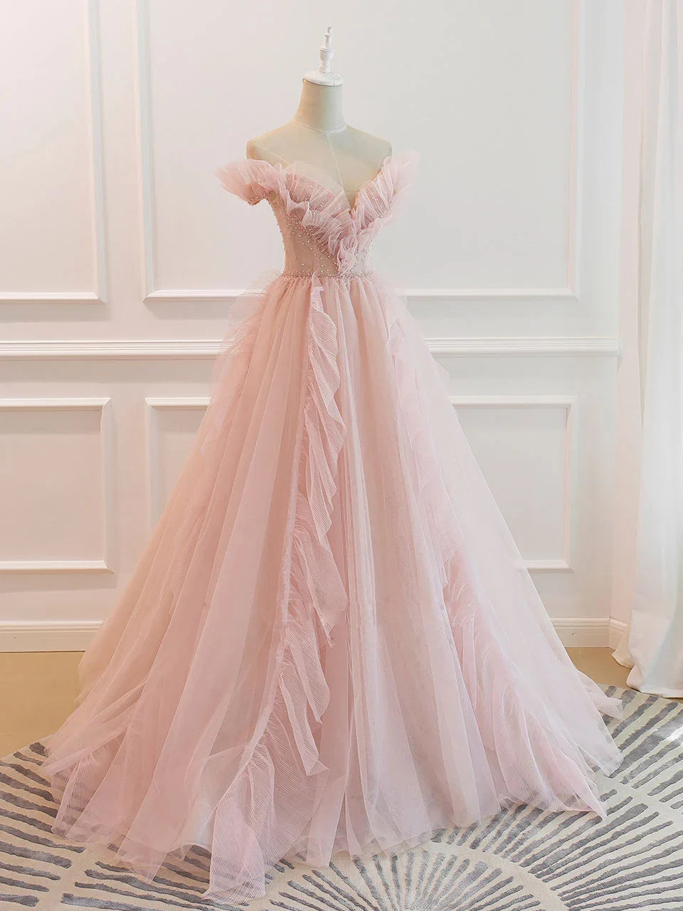 Off Shoulder Tulle Ruffle Floor Length Prom Dress With Train