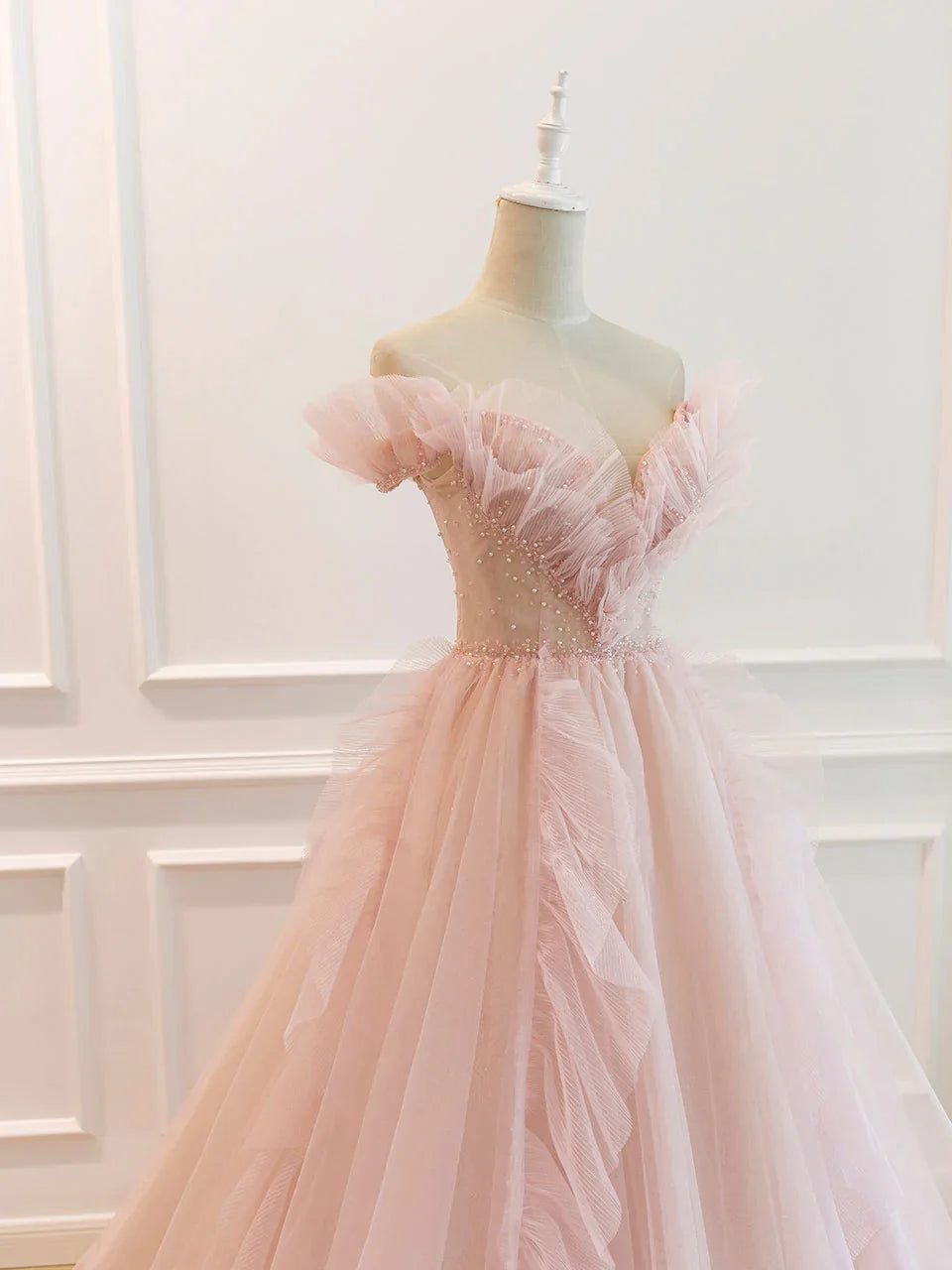 Off Shoulder Tulle Ruffle Floor Length Prom Dress With Train