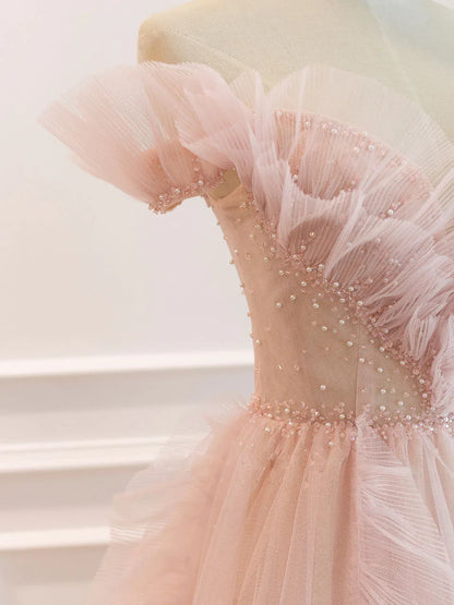 Off Shoulder Tulle Ruffle Floor Length Prom Dress With Train