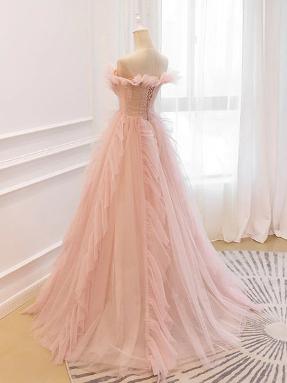 Off Shoulder Tulle Ruffle Floor Length Prom Dress With Train