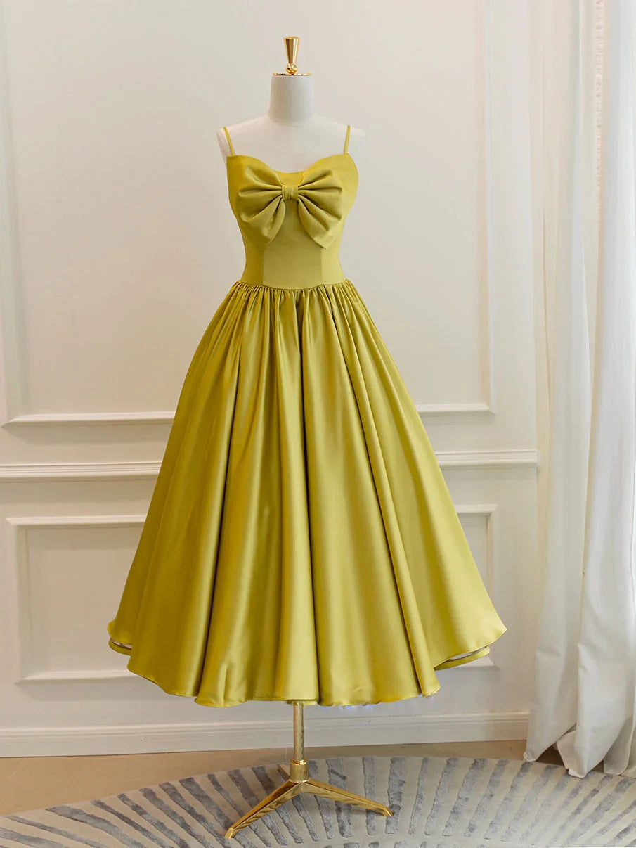 Simple Bow Satin Tea Length Prom Dress