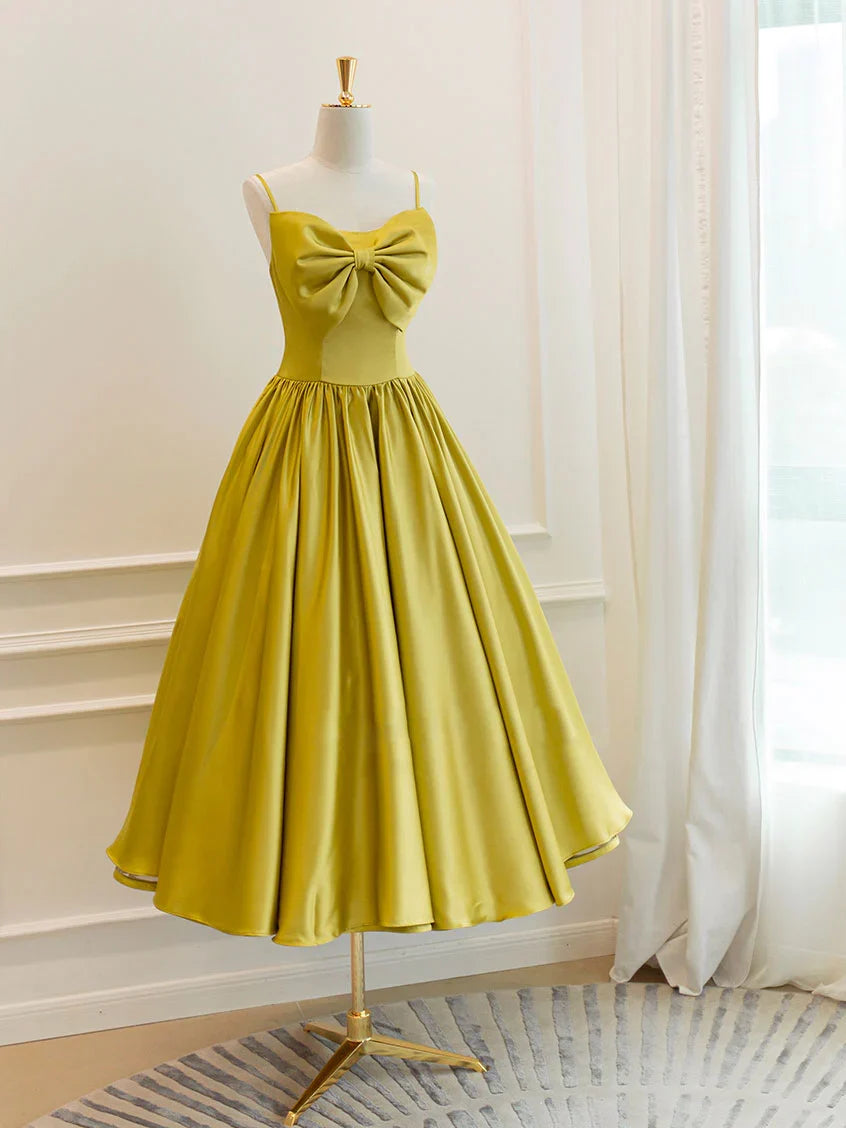 Simple Bow Satin Tea Length Prom Dress