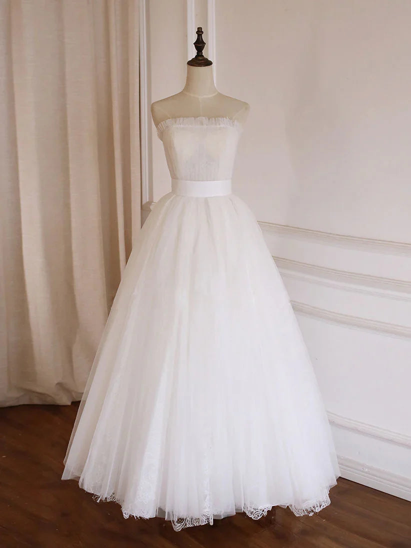 Simple Lace Tea Length Strapless Prom Dress