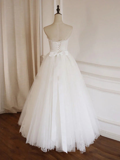 Simple Lace Tea Length Strapless Prom Dress
