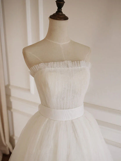 Simple Lace Tea Length Strapless Prom Dress