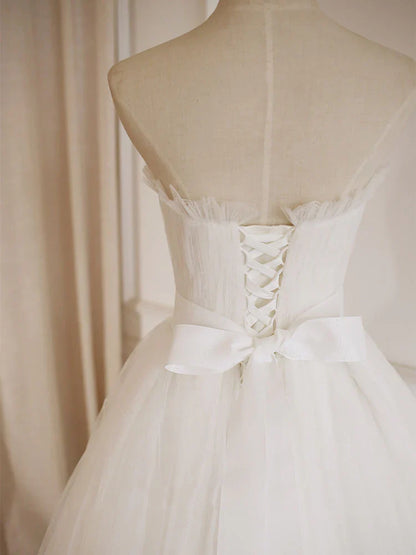 Simple Lace Tea Length Strapless Prom Dress