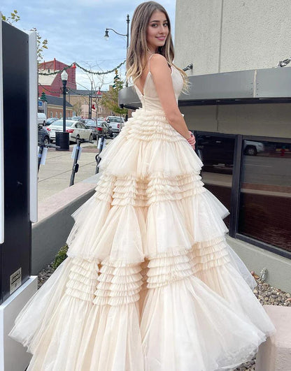 A-line Deep V-neck Multi-layer Prom Dress