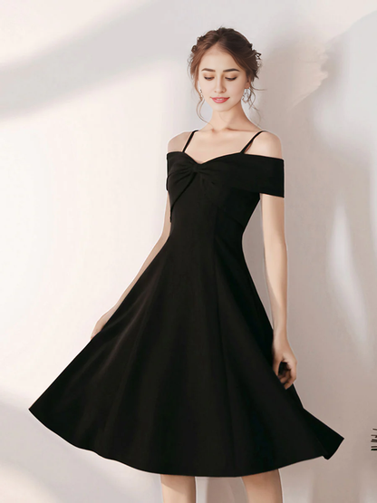 Simple Spaghetti Straps Off Shoulder Tea Length Prom Dress