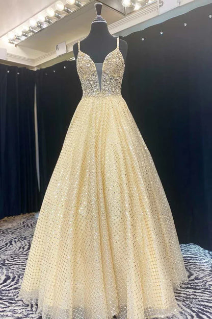 A-Line Fairy-Tale Deep Neck Prom Dress With Beaded
