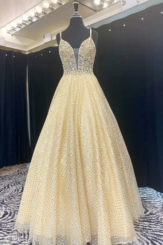 A-Line Fairy-Tale Deep Neck Prom Dress With Beaded