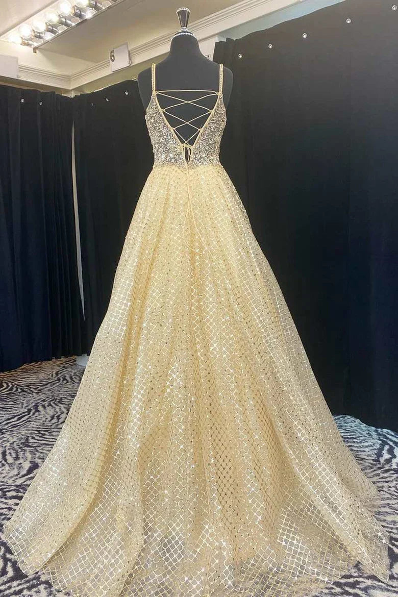 A-Line Fairy-Tale Deep Neck Prom Dress With Beaded