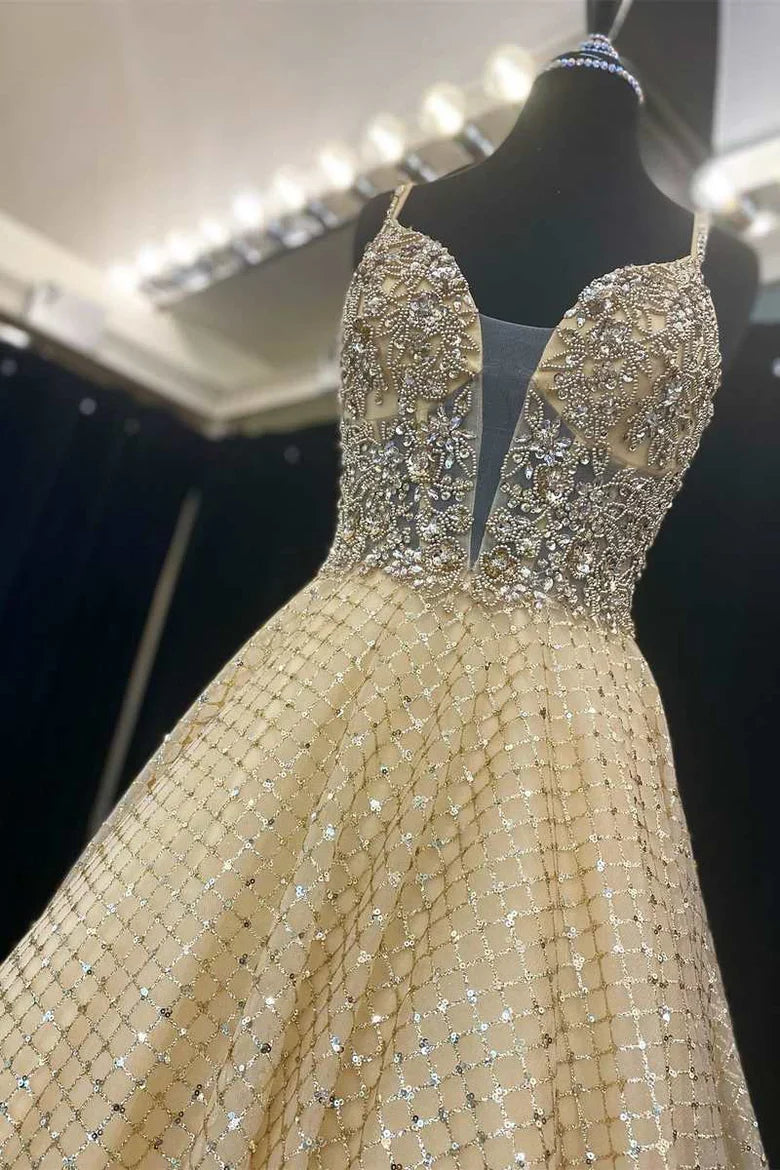 A-Line Fairy-Tale Deep Neck Prom Dress With Beaded