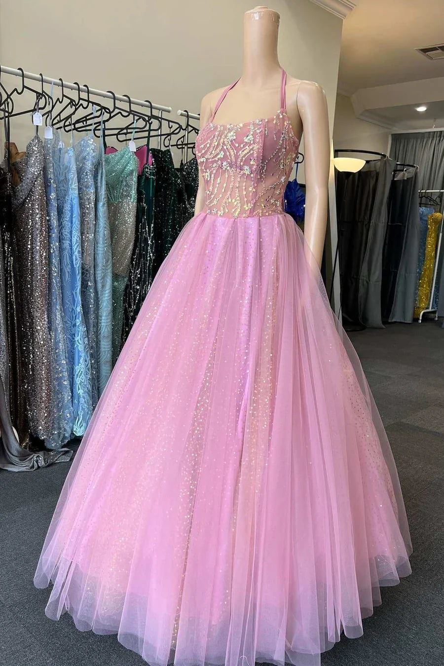 A-Line Fairy-Tale Halter Tulle Glitter Princess Prom Dress