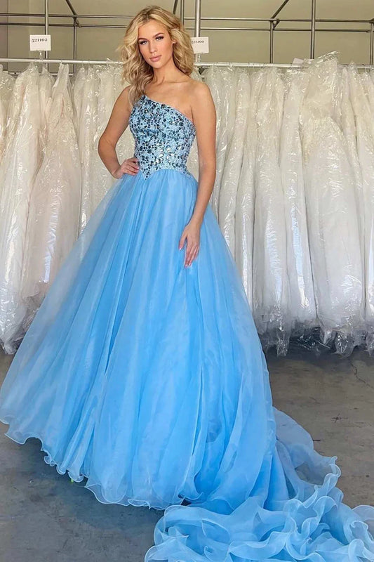 Off Sleeves A-Line One-Shoulder Prom Dress With Train