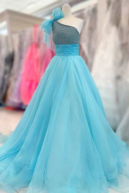 A-Line One-Shoulder Tulle Beaded High-Waist Prom Dress