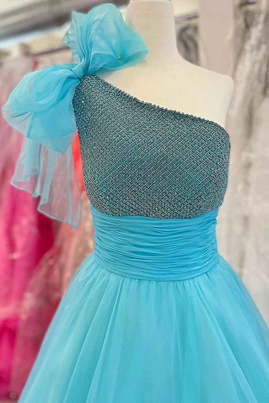 A-Line One-Shoulder Tulle Beaded High-Waist Prom Dress