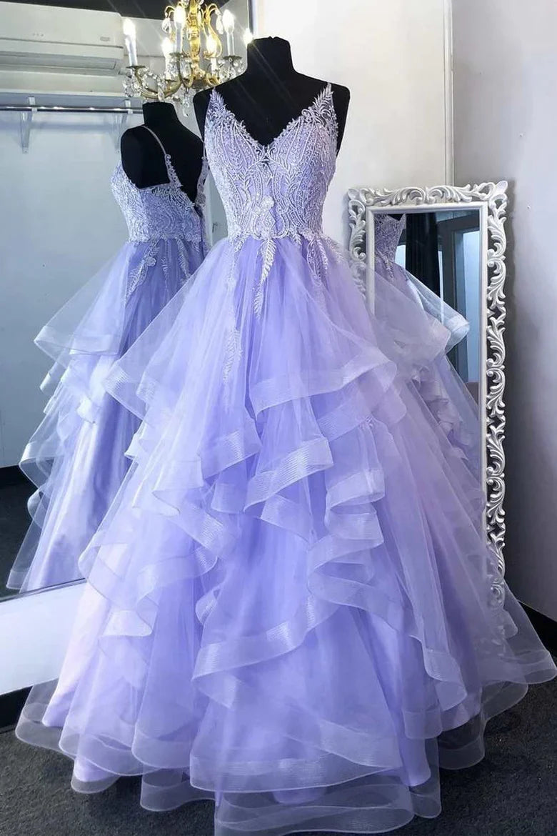 A-Line Lace Tulle V-Neck Tiered Prom Dress