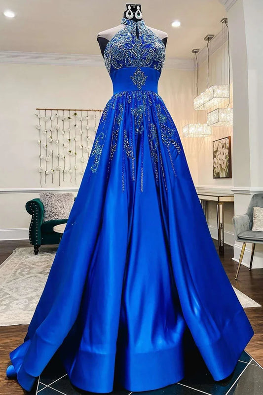 A-Line Royal Blue Satin Beaded Halter Prom Dress