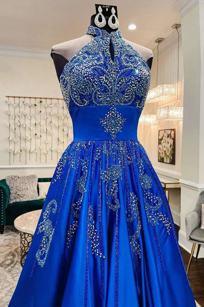 A-Line Royal Blue Satin Beaded Halter Prom Dress
