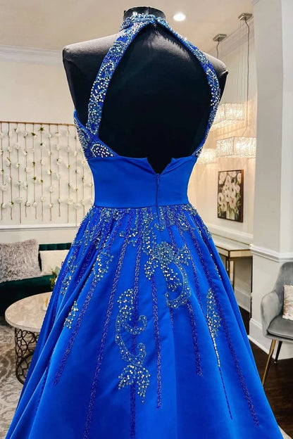 A-Line Royal Blue Satin Beaded Halter Prom Dress