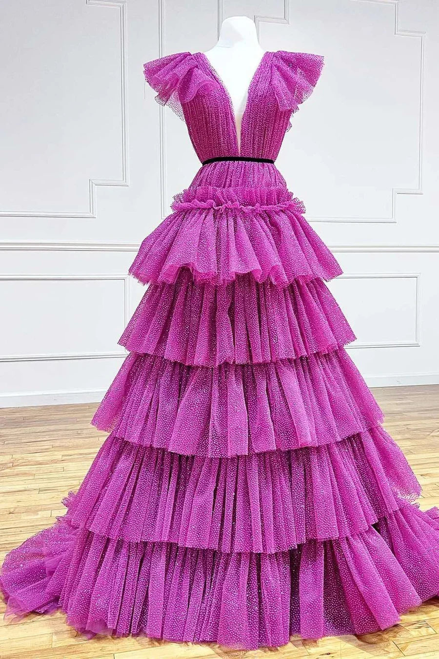 Multi Layer A-Line Deep V Neck Tiered Ball Gown with Ruffles