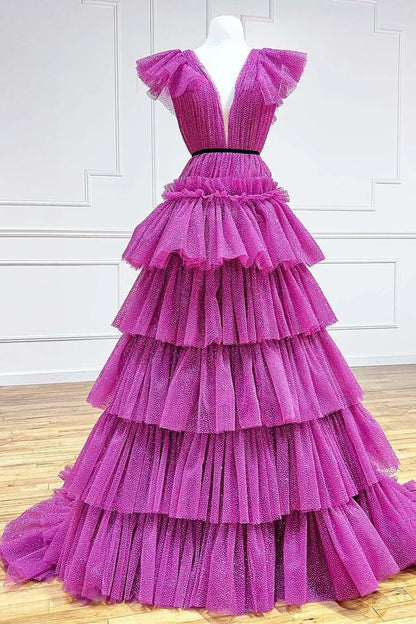 Multi Layer A-Line Deep V Neck Tiered Ball Gown with Ruffles